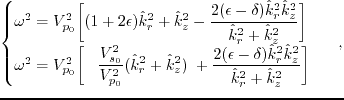 $\displaystyle \left\{ \begin{array}{ll} \omega^2=V^2_{p_0} \bigg[ (1+2\epsilon)...
...hat{k}^2_r+\hat{k}^2_z} \bigg] \;\;\;\;\;\mbox{(SV wave)} \end{array} \right. ,$